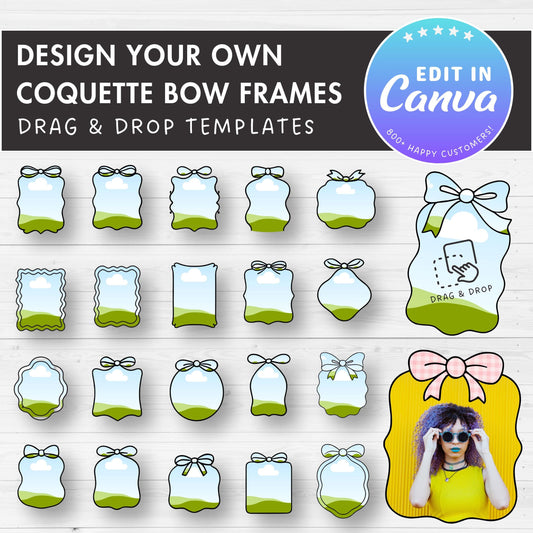 Coquette Bow Frames, Editable Canva Template, Easy Drag and Drop, Sublimation Design, Canva Frames Bundle, Ribbon Bow Border, Wavy Borders
