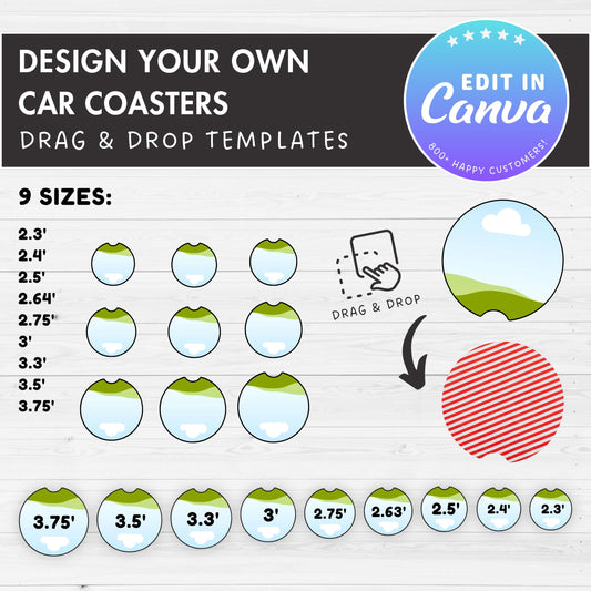 Car Coasters Editable Canva Template, Easy Drag and Drop, 2.75” Car Coaster Label Sublimation Template, Canva Frames Bundle, Car Cup Coaster