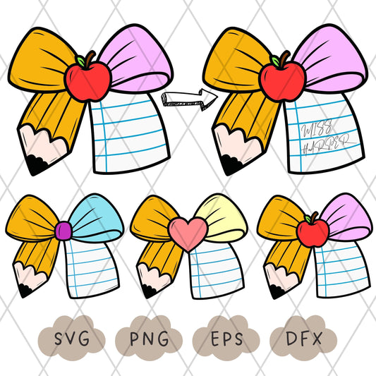 Teacher Pencil Bow Svg, Personalized Bow PNG, Teacher T-Shirt, Back To School, Sublimation Design, Teacher Name Coquette Bow, Teacher Gift