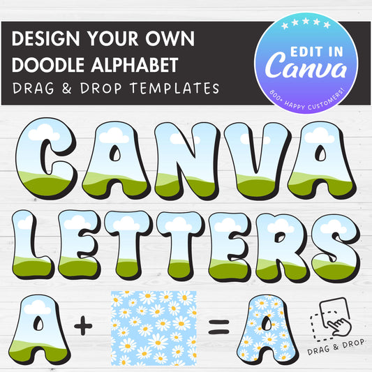 Design Your Own Double Letters, Doodle Alphabet Canva Template, Drag and Drop, Canva Frames, Canva Letters & Numbers PNG, Sublimation Design