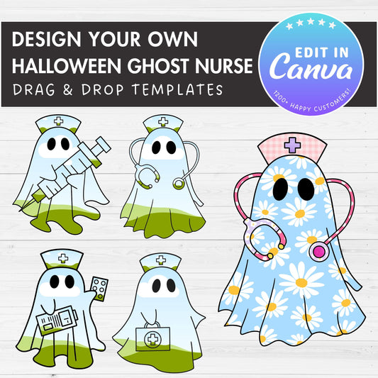 Design Your Own Nurse Ghost, Retro Ghost Canva Templates, Drag and Drop, Canva Frames Bundle, Spooky Season, Halloween Ghost, Groovy Ghost