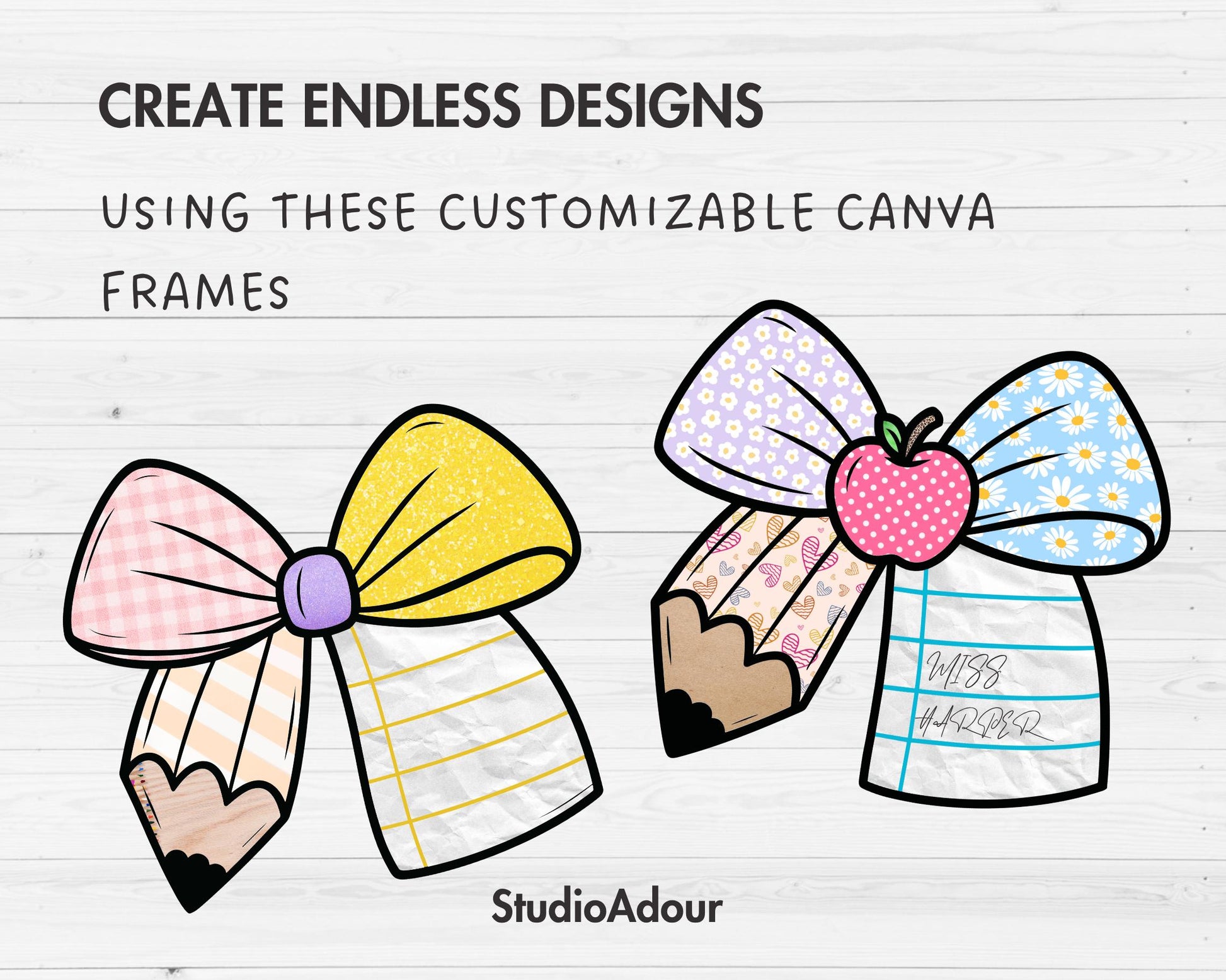 Teacher Pencil Bow Canva Template, Drag & Drop, Coquette Bow Sublimation, Editable Bow Canva Frame, Personalized Teacher Bow PNG, School Bow