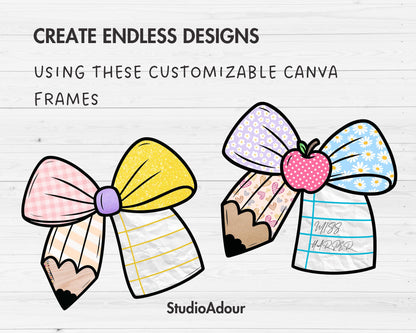 Teacher Pencil Bow Canva Template, Drag & Drop, Coquette Bow Sublimation, Editable Bow Canva Frame, Personalized Teacher Bow PNG, School Bow
