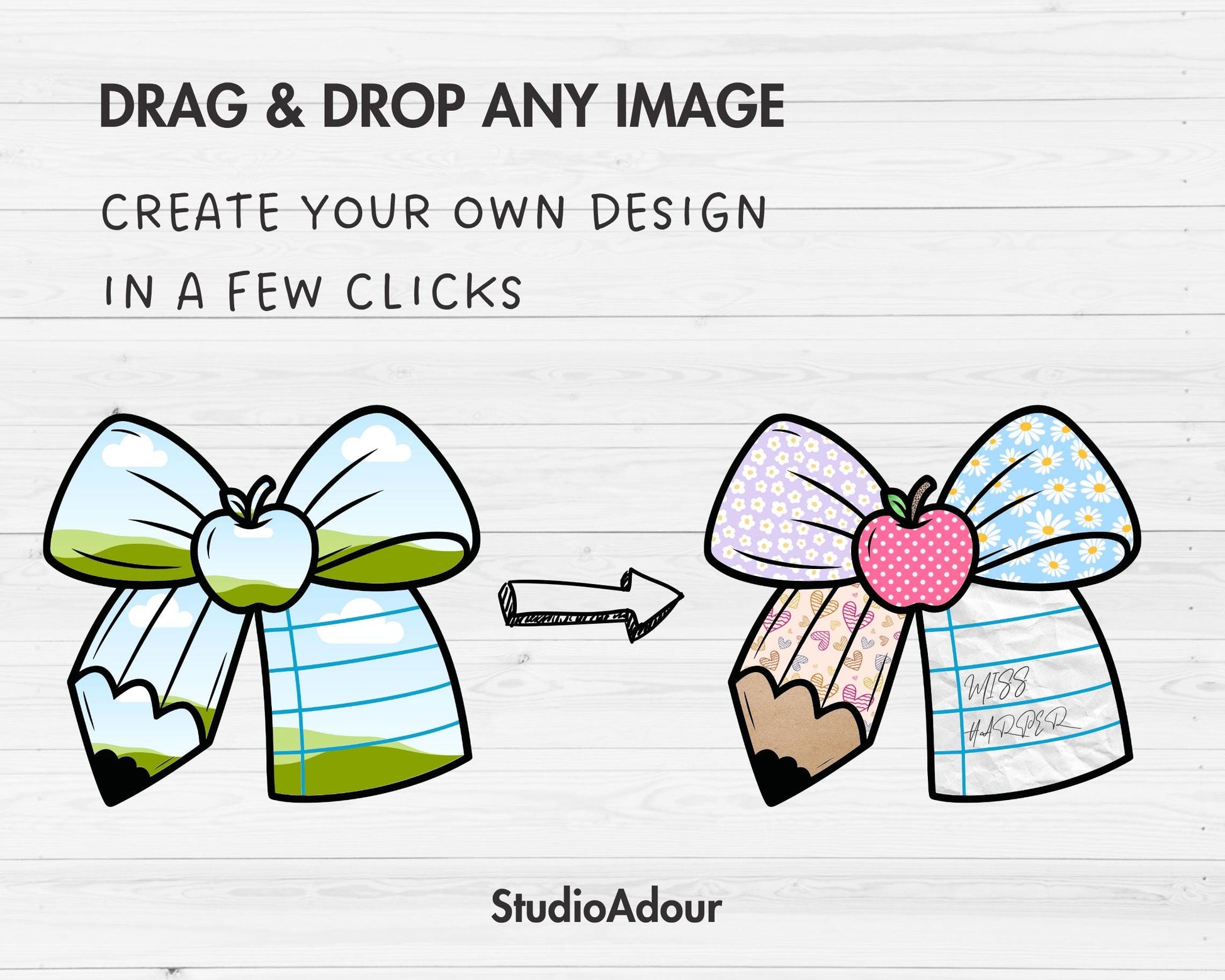 Teacher Pencil Bow Canva Template, Drag & Drop, Coquette Bow Sublimation, Editable Bow Canva Frame, Personalized Teacher Bow PNG, School Bow