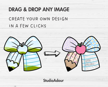 Teacher Pencil Bow Canva Template, Drag & Drop, Coquette Bow Sublimation, Editable Bow Canva Frame, Personalized Teacher Bow PNG, School Bow
