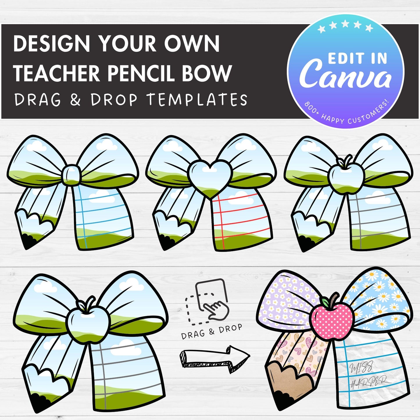 Teacher Pencil Bow Canva Template, Drag & Drop, Coquette Bow Sublimation, Editable Bow Canva Frame, Personalized Teacher Bow PNG, School Bow