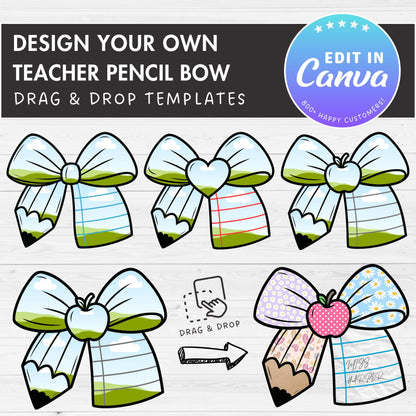 Teacher Pencil Bow Canva Template, Drag & Drop, Coquette Bow Sublimation, Editable Bow Canva Frame, Personalized Teacher Bow PNG, School Bow