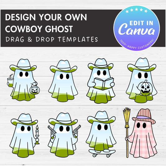 Retro Halloween Ghost, Cowboy Ghost Canva Frames, Easy Drag and Drop , Spooky Season, Halloween Clipart, Western Ghost Canva Template