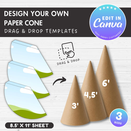 Paper Cone Editable Canva Template, Drag and Drop, Birthday Cone Sublimation Template, Party Cone Hat, Candy Cone Template, DIY Treat Cone